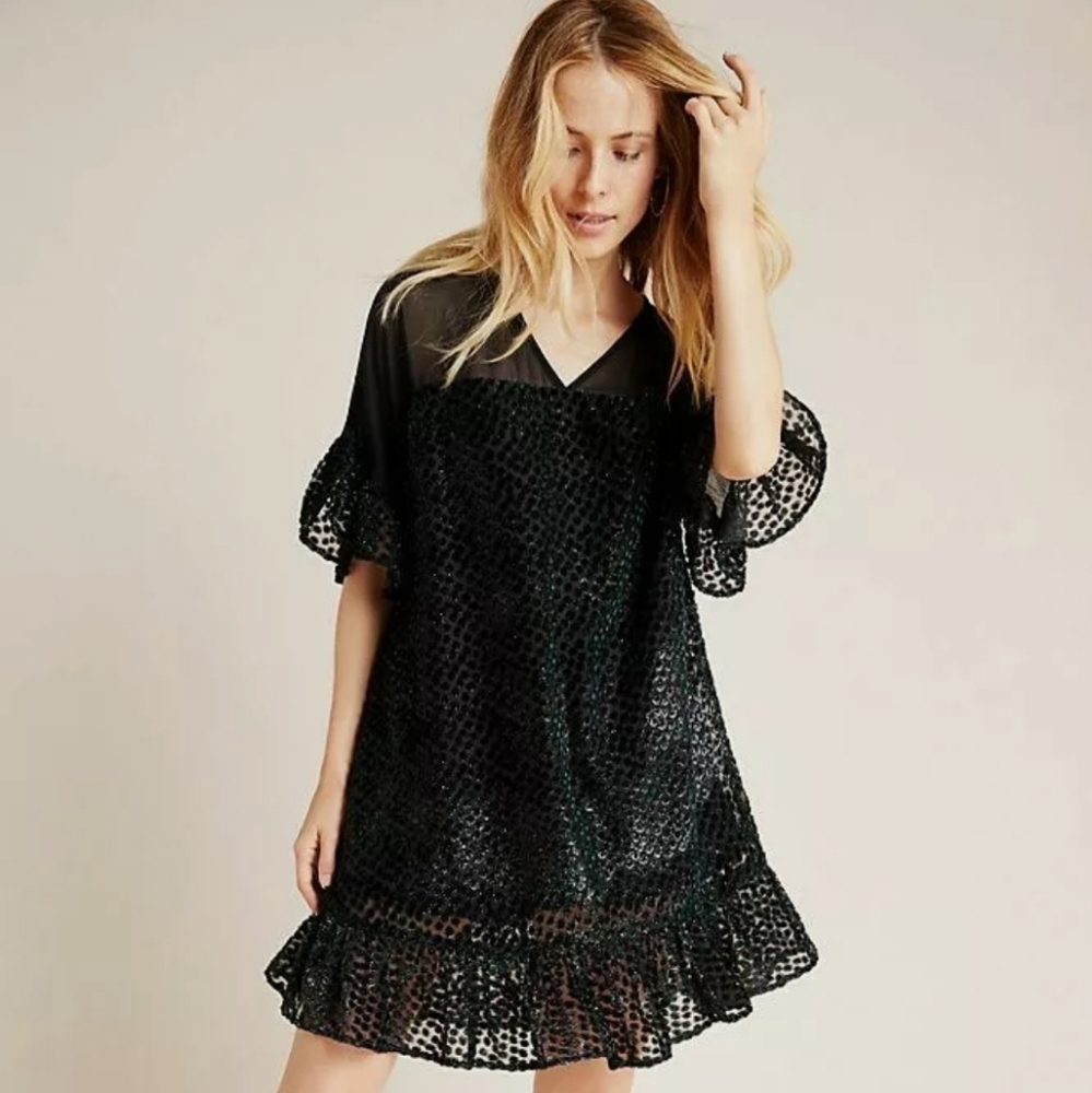 Anthropologie Lucinda Textured Ruffled black midi dress short sleeves_Amadi.XS